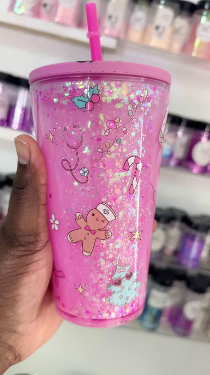 Pink Christmas Snowglobe Tumbler